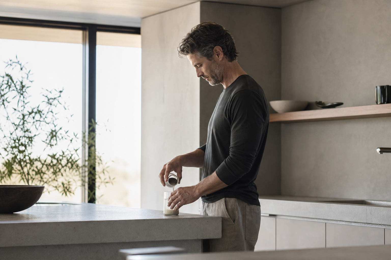 Calm morning ritual by a bright coastal window